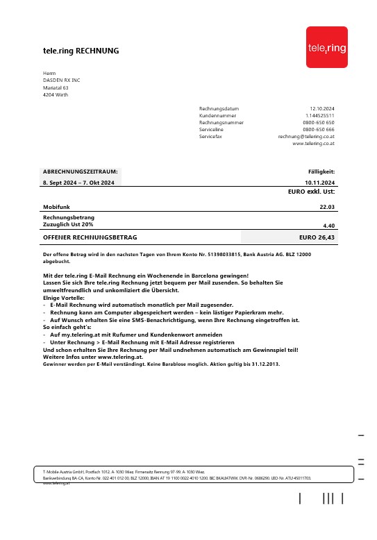 Sweden Tele Ring business utility bill template in Word and PDF formats